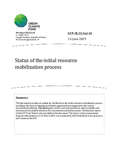 Document cover for Status of the initial resource mobilization process