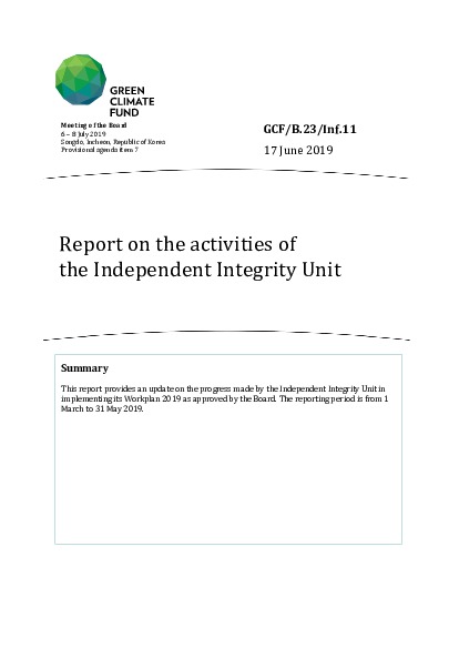 Document cover for Report on the activities of the Independent Integrity Unit