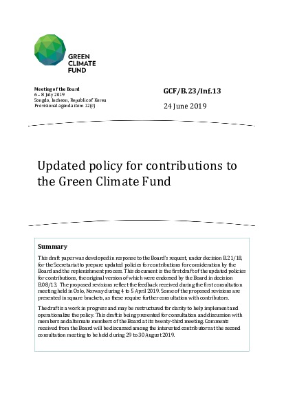 Download Updated policy for contributions to the Green Climate Fund Document cover for Updated policy for contributions to the Green Climate Fund