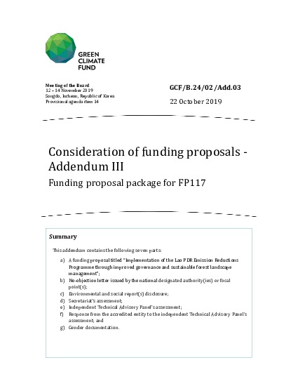 Document cover for Consideration of funding proposals - Addendum III: Funding proposal package for FP117