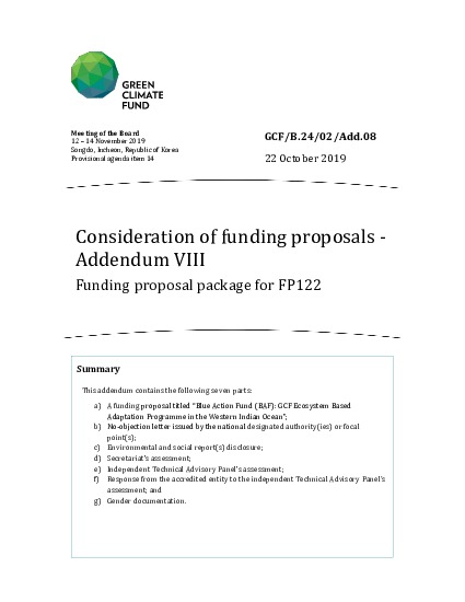 Document cover for Consideration of funding proposals - Addendum VIII: Funding proposal package for FP122