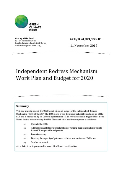 Document cover for Independent Redress Mechanism Work Plan and Budget for 2020
