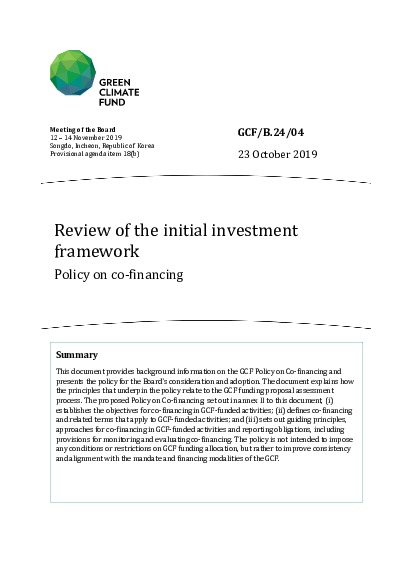 Download Review of the initial investment framework Policy on co-financing Document cover for Review of the initial investment framework Policy on co-financing