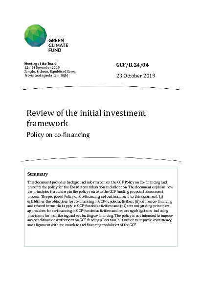 Document cover for Review of the initial investment framework Policy on co-financing