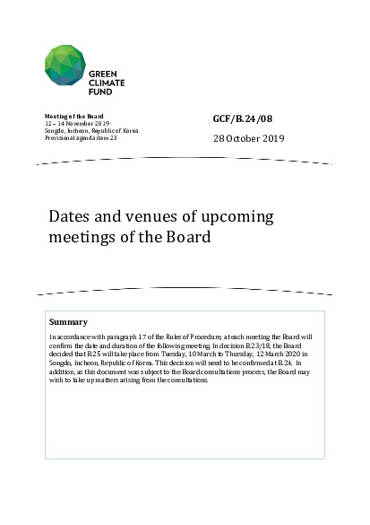 Document cover for Dates and venues of upcoming meetings of the Board