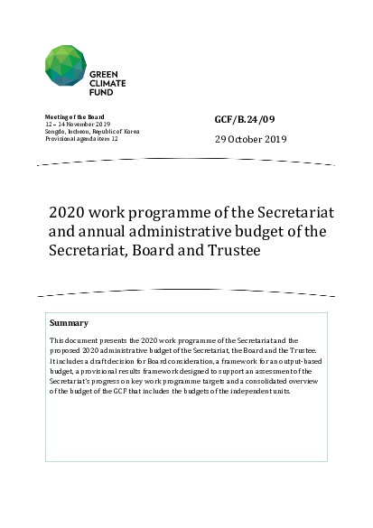 Download 2020 work programme of the Secretariat and annual administrative budget of the Secretariat, Board and Trustee Document cover for 2020 work programme of the Secretariat and annual administrative budget of the Secretariat, Board and Trustee