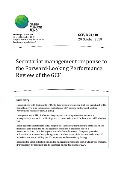 Document cover for Secretariat management response to the Forward-Looking Performance Review of the GCF