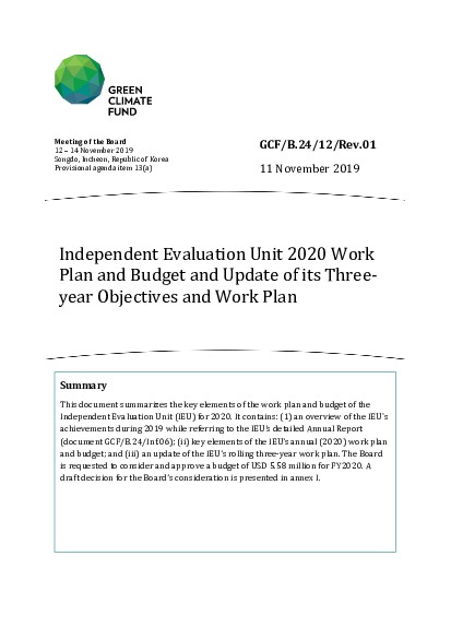 Document cover for Independent Evaluation Unit 2020 Work Plan and Budget and Update of its Three-year Objectives and Work Plan