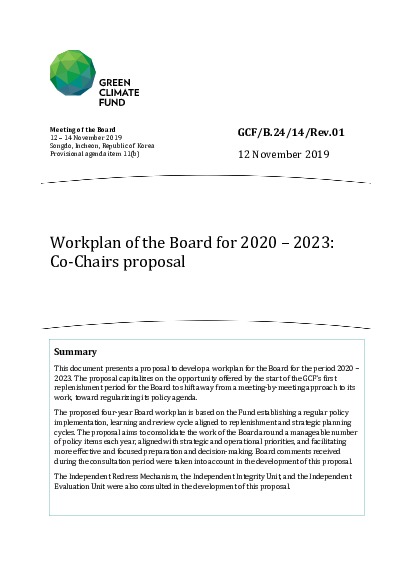 Document cover for Workplan of the Board for 2020 – 2023: Co-Chairs proposal