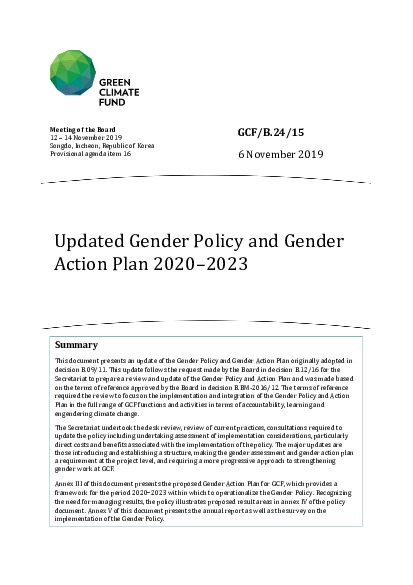 Download Updated Gender Policy and Gender Action Plan 2020–2023 Document cover for Updated Gender Policy and Gender Action Plan 2020–2023