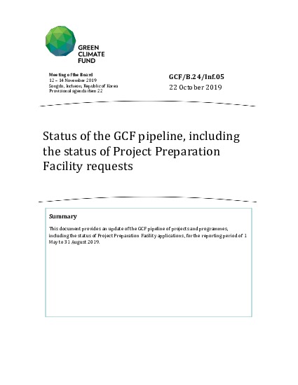 Document cover for Status of the GCF pipeline, including the status of Project Preparation Facility requests