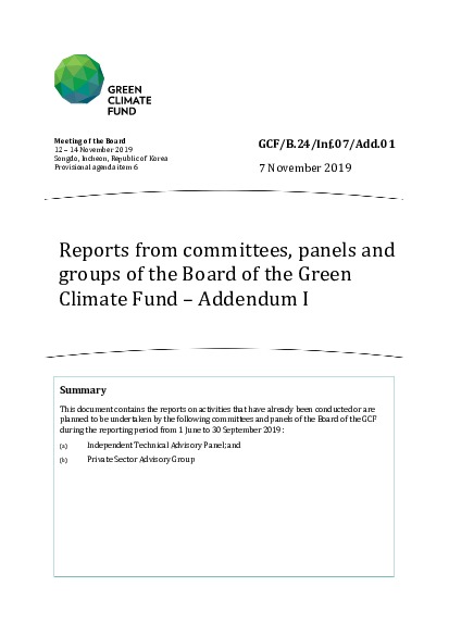 Download Reports from committees, panels and groups of the Board of the Green Climate Fund – Addendum I Document cover for Reports from committees, panels and groups of the Board of the Green Climate Fund – Addendum I