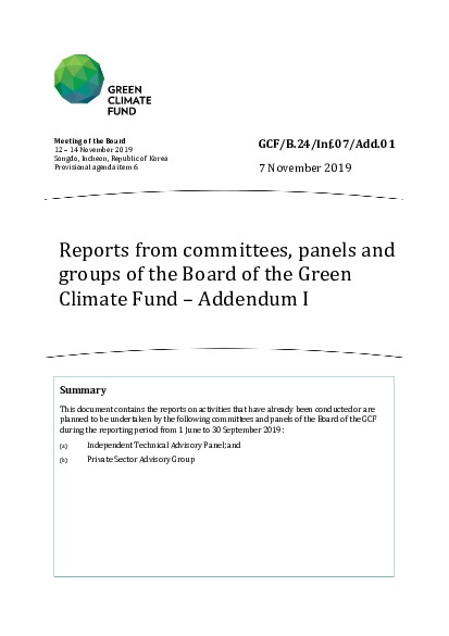 Document cover for Reports from committees, panels and groups of the Board of the Green Climate Fund – Addendum I