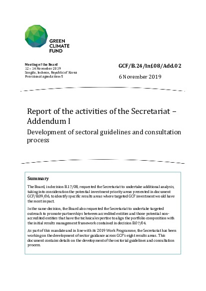 Document cover for Report of the activities of the Secretariat – Addendum I: Development of sectoral guidelines and consultation process