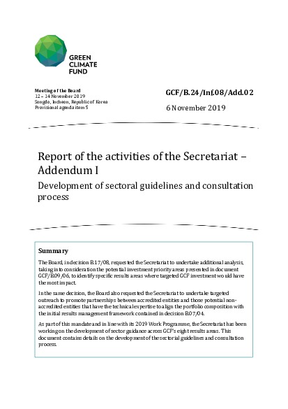 Download Report of the activities of the Secretariat – Addendum I: Development of sectoral guidelines and consultation process Document cover for Report of the activities of the Secretariat – Addendum I: Development of sectoral guidelines and consultation process