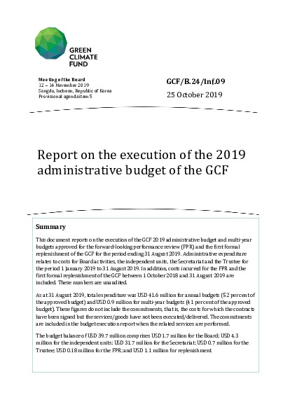Document cover for Report on the execution of the 2019 administrative budget of the GCF