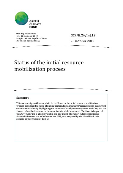 Document cover for Status of the initial resource mobilization process