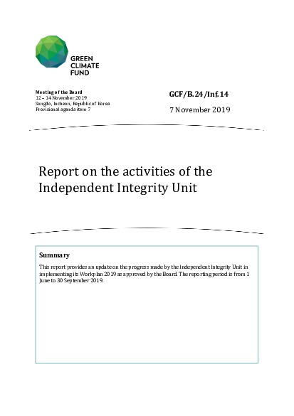 Document cover for Report on the activities of the Independent Integrity Unit