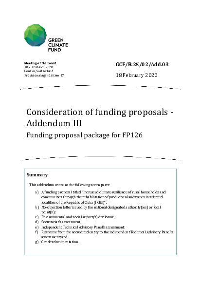Document cover for Consideration of funding proposals - Addendum III Funding proposal package for FP126
