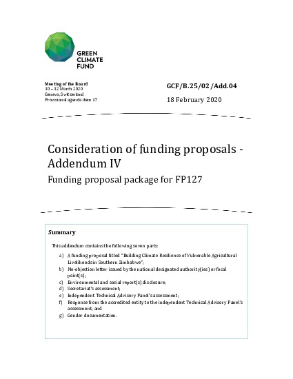 Document cover for Consideration of funding proposals - Addendum IV Funding proposal package for FP127