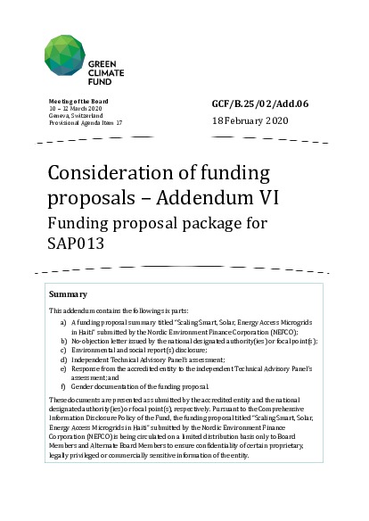 Document cover for Consideration of funding proposals – Addendum VI Funding proposal package for SAP013