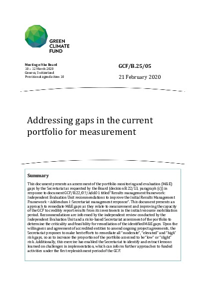 Document cover for Addressing gaps in the current portfolio for measurement