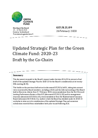 Download Updated Strategic Plan for the Green Climate Fund: 2020-23 Draft by the Co-Chairs Document cover for Updated Strategic Plan for the Green Climate Fund: 2020-23 Draft by the Co-Chairs