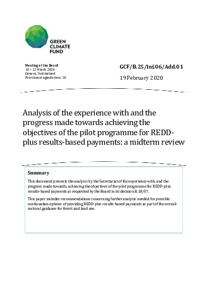 Document cover for Analysis of the experience with and the progress made towards achieving the objectives of the pilot programme for REDD-plus results-based payments: a midterm review