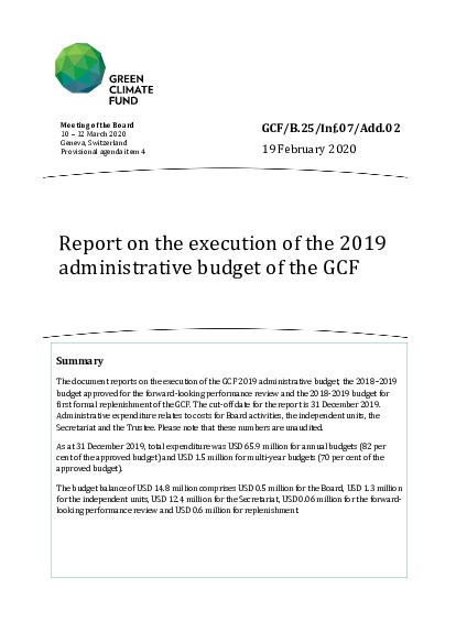 Document cover for Report on the execution of the 2019 administrative budget of the GCF