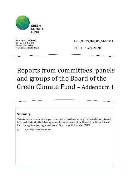 Document cover for Reports from committees, panels and groups of the Board of the Green Climate Fund – Addendum I