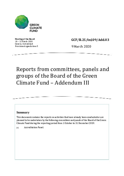Download Reports from committees, panels and groups of the Board of the Green Climate Fund – Addendum III Document cover for Reports from committees, panels and groups of the Board of the Green Climate Fund – Addendum III