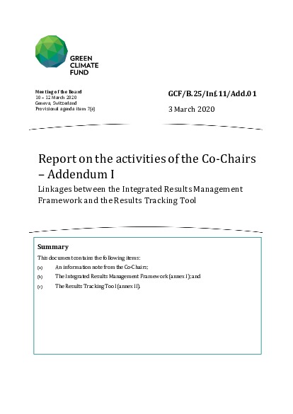 Document cover for Report on the activities of the Co-Chairs – Addendum I: Linkages between the Integrated Results Management Framework and the Results Tracking Tool