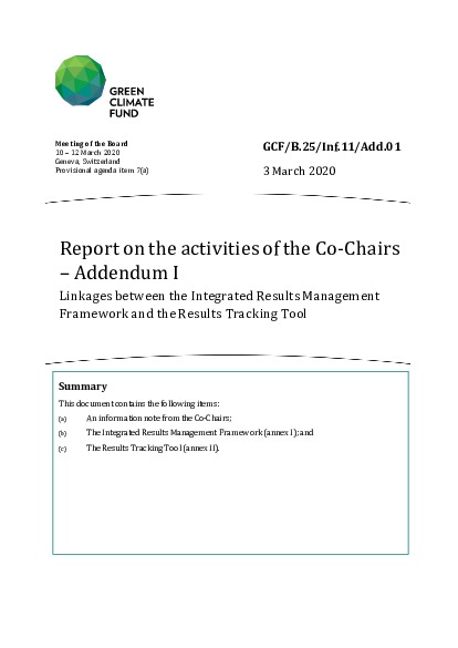 Download Report on the activities of the Co-Chairs – Addendum I: Linkages between the Integrated Results Management Framework and the Results Tracking Tool Document cover for Report on the activities of the Co-Chairs – Addendum I: Linkages between the Integrated Results Management Framework and the Results Tracking Tool