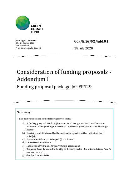 Document cover for Consideration of funding proposals - Addendum I Funding proposal package for FP129