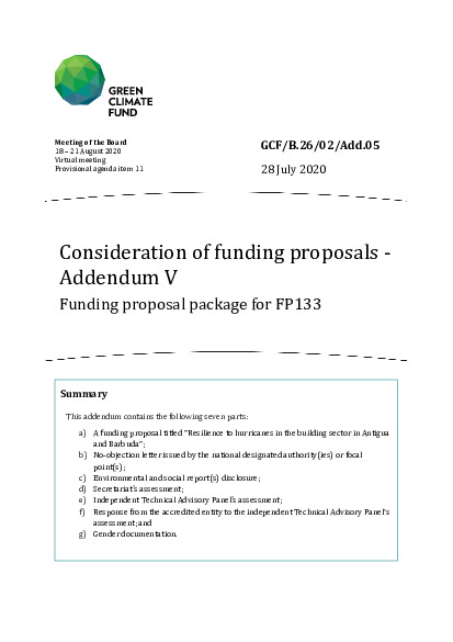 Document cover for Consideration of funding proposals - Addendum V Funding proposal package for FP133