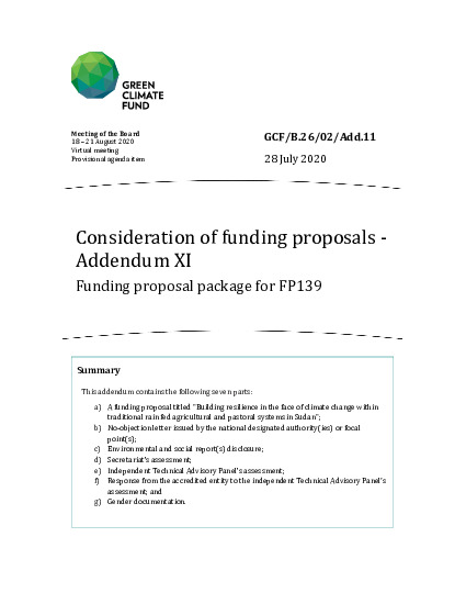 Document cover for Consideration of funding proposals - Addendum XI Funding proposal package for FP139