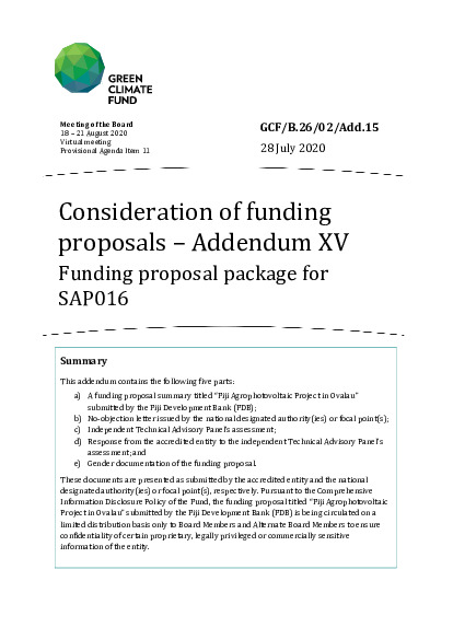 Document cover for Consideration of funding proposals - Addendum XV Funding proposal package for SAP016