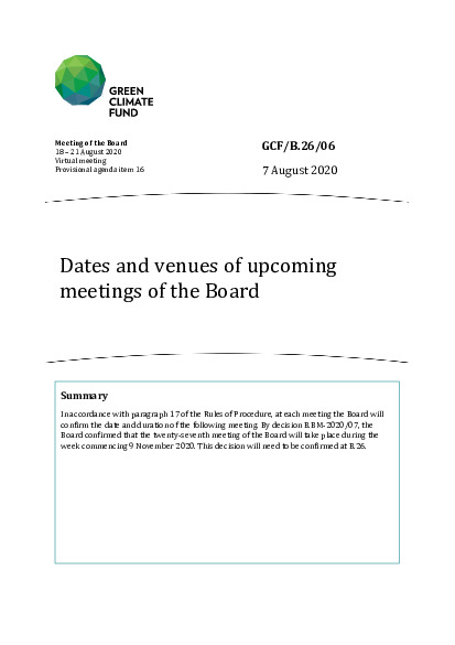 Document cover for Dates and venues of upcoming meetings of the Board