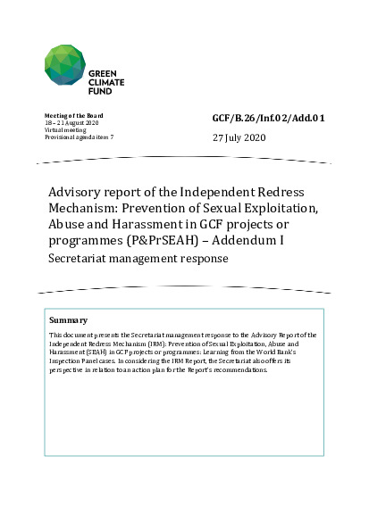 Document cover for Advisory report of the Independent Redress Mechanism: Prevention of Sexual Exploitation, Abuse and Harassment in GCF projects or programmes (P&PrSEAH) – Addendum I: Secretariat management response 