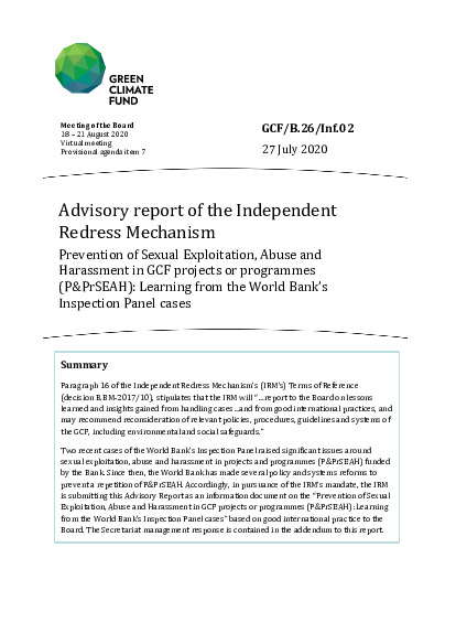 Document cover for Advisory report of the Independent Redress Mechanism: Prevention of Sexual Exploitation, Abuse and Harassment in GCF projects or programmes (P&PrSEAH): Learning from the World Bank’s Inspection Panel