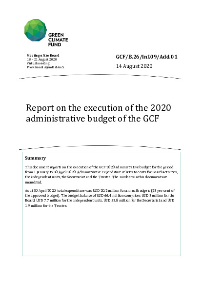 Document cover for Report on the execution of the 2020 administrative budget of the GCF