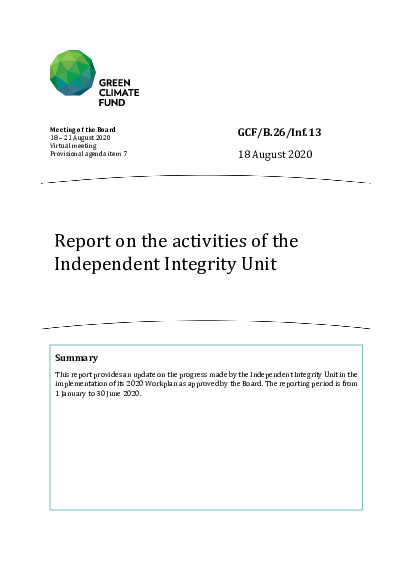 Document cover for Report on the activities of the Independent Integrity Unit 