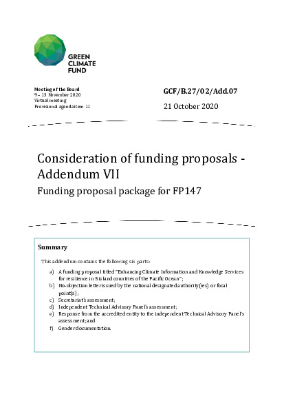 Document cover for Consideration of funding proposals - Addendum VII Funding proposal package for FP147