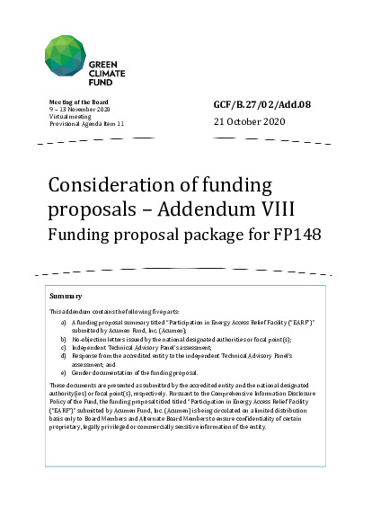 Document cover for Consideration of funding proposals – Addendum VIII Funding proposal package for FP148