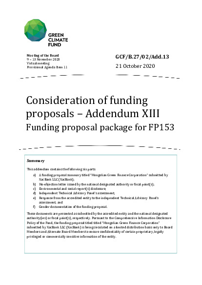 Document cover for Consideration of funding proposals – Addendum XIII Funding proposal package for FP153