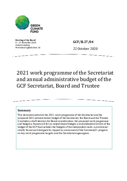 Document cover for 2021 work programme of the Secretariat and annual administrative budget of the GCF Secretariat, Board and Trustee 