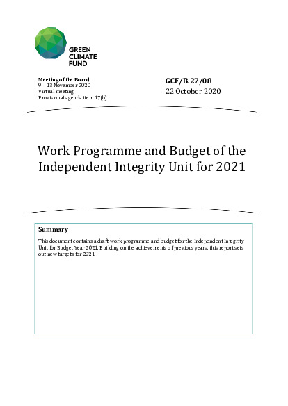 Download Work Programme and Budget of the Independent Integrity Unit for 2021 Document cover for Work Programme and Budget of the Independent Integrity Unit for 2021