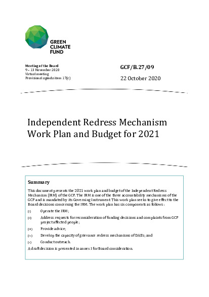 Document cover for Independent Redress Mechanism Work Plan and Budget for 2021 