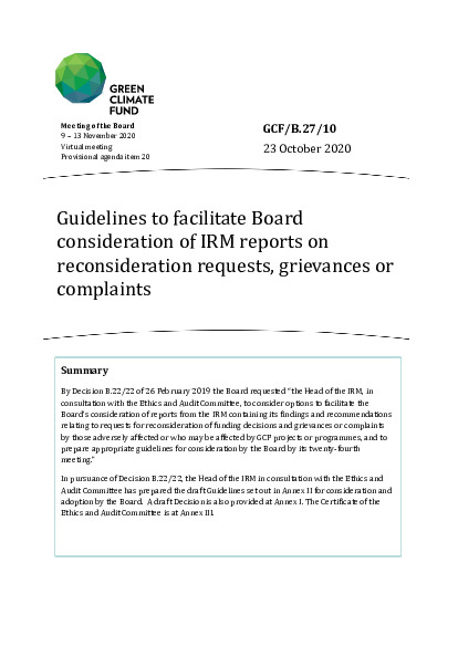 Document cover for Guidelines to facilitate Board consideration of IRM reports on reconsideration requests, grievances or complaints 