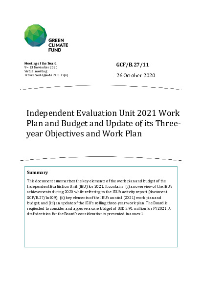 Document cover for Independent Evaluation Unit 2021 Work Plan and Budget and Update of its Three-year Objectives and Work Plan 